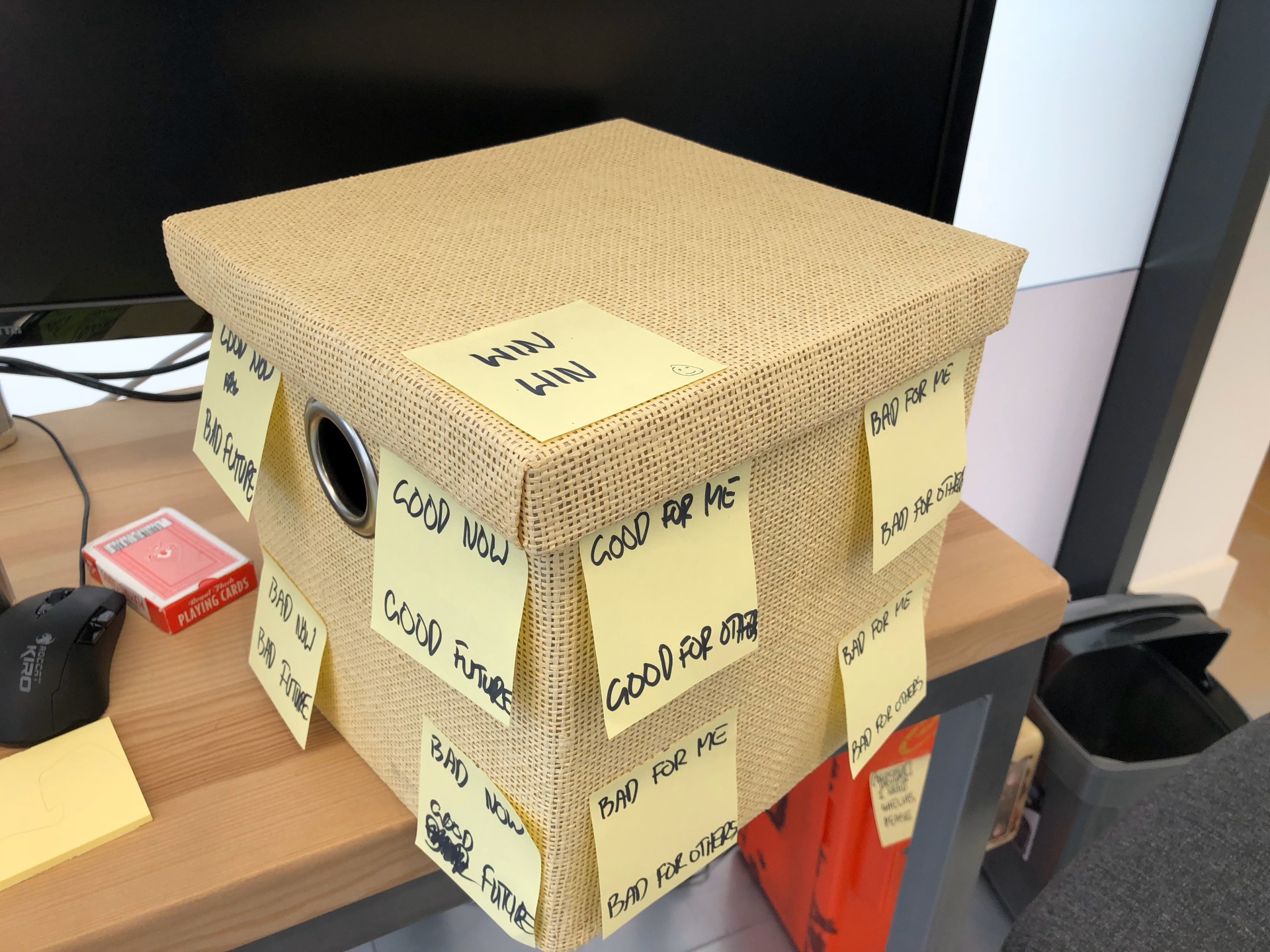 Hessian cube box with post-it notes on it. A post-it note says win-win at the corner of 3 axis: good for me (not bad for me), good for others (not bad for others), good in the future, good now. That's four dimensions?... 🤔. I'm not sure how it breaks time and space.