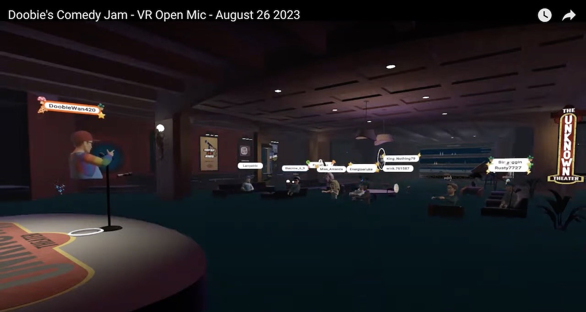 Stand up comedy club in virtual reality in a dark lounge with wooden walls